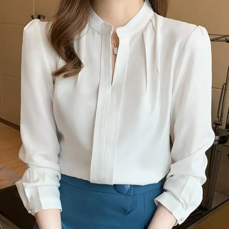 Camisa de gasa blanca de primavera para mujer, Tops de manga larga con cuello en V, camisas 2025, blusas ZT113