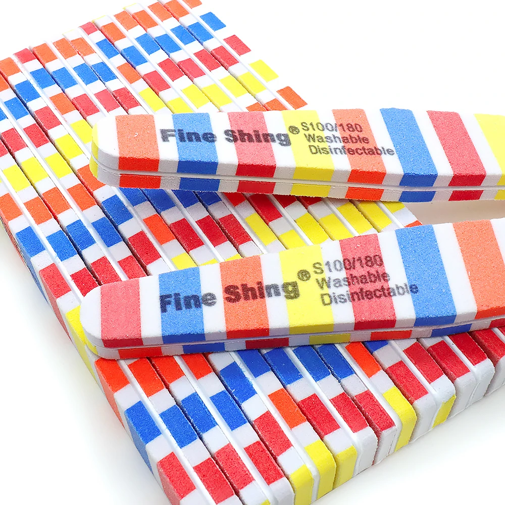 50Pcs Washable Nail Art File 100/180 Grit Double Sided Stripe Colorful Sandpaper Nails Sponge File Buffer For Nail Extension Gel
