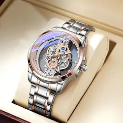 2025 New Men's Golden Skeleton Automatic Quartz Watch Trendy Fashion Luxury Transparent Hollow Waterproof Luminous Wristwatch