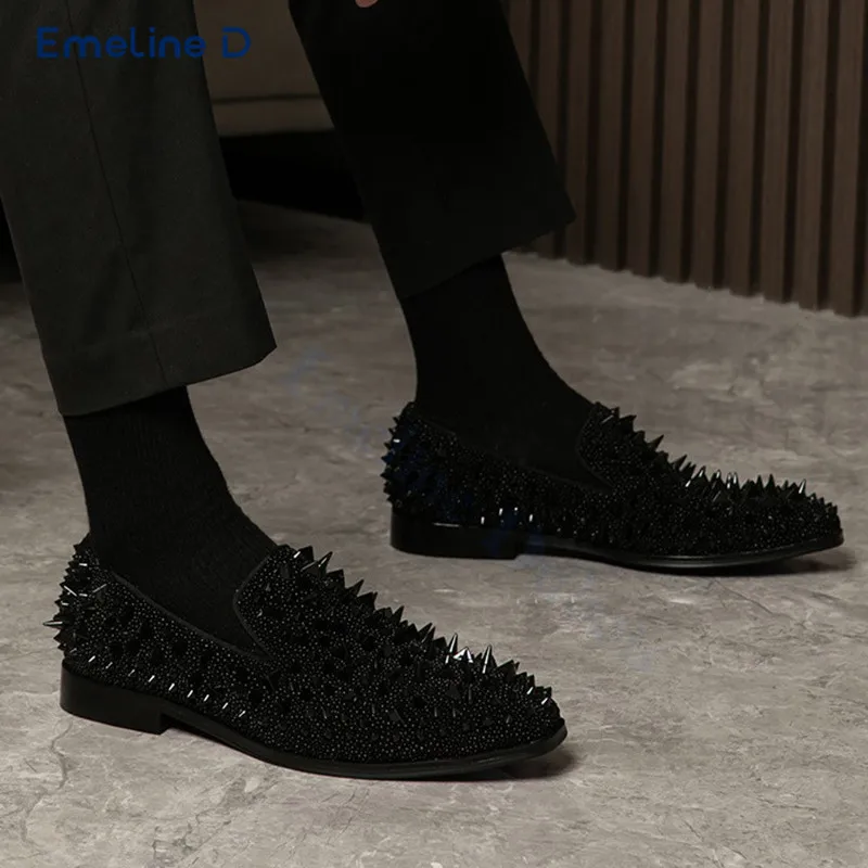 Crystal Studded Slip-On Loafers Black Rhinestones Luxury Shiny Casual Shoes Business Personality Fashion Trend Men's Shoes