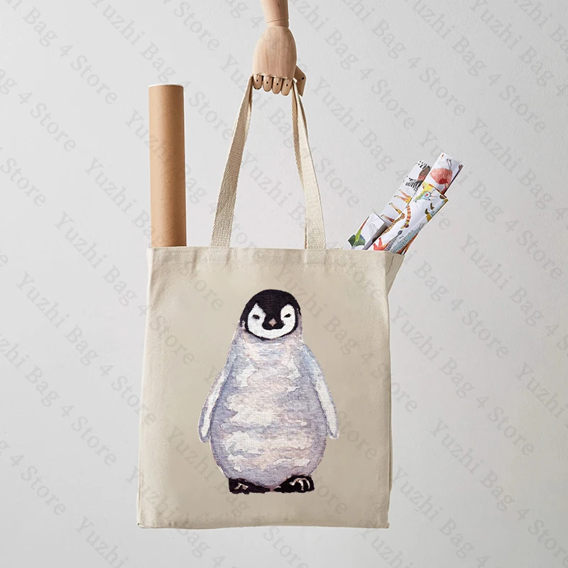 Watercolour Penguin Canvas Tote Bag Simple Printing Shoulder Bag Versatile Handbag for Work & School Large Capacity Shopping Bag
