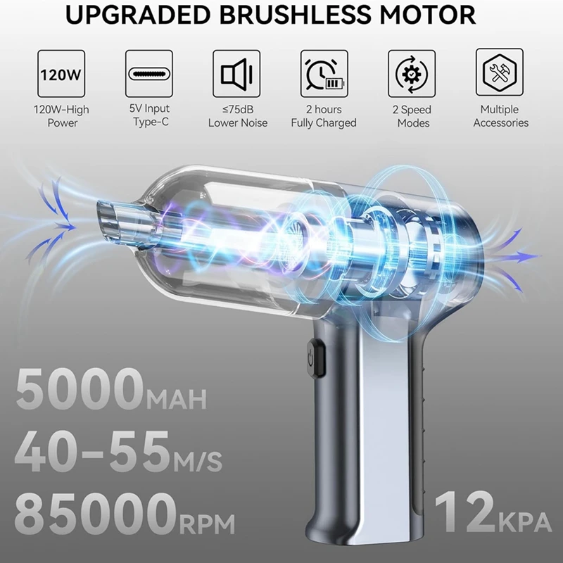 Mini Handheld Vacuum Cleaner 12KPA High Power Black & Silver-Gray ABS Car 3-In-1 Compressed Air Multifunctional Brushless Motor