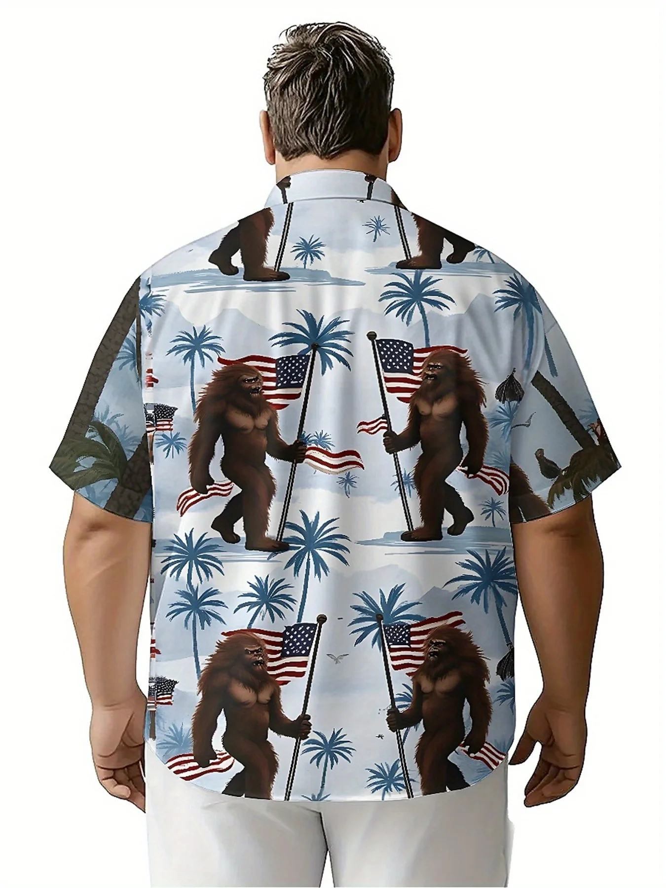 Men's Plus Size Hawaiian Shirt Sasquatch and American Flag pattern, Fashionable Aloha Shirt, Summer Casual Top,3D Unisex Clothes