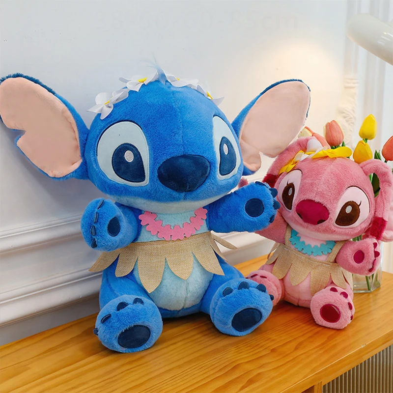 

Disney Kawaii Stitch Plush Toy Stitch and Angel in Summer Hula Skirt Filled Doll for Kids Birthday Xmas Gift Cute Stuffed Animal