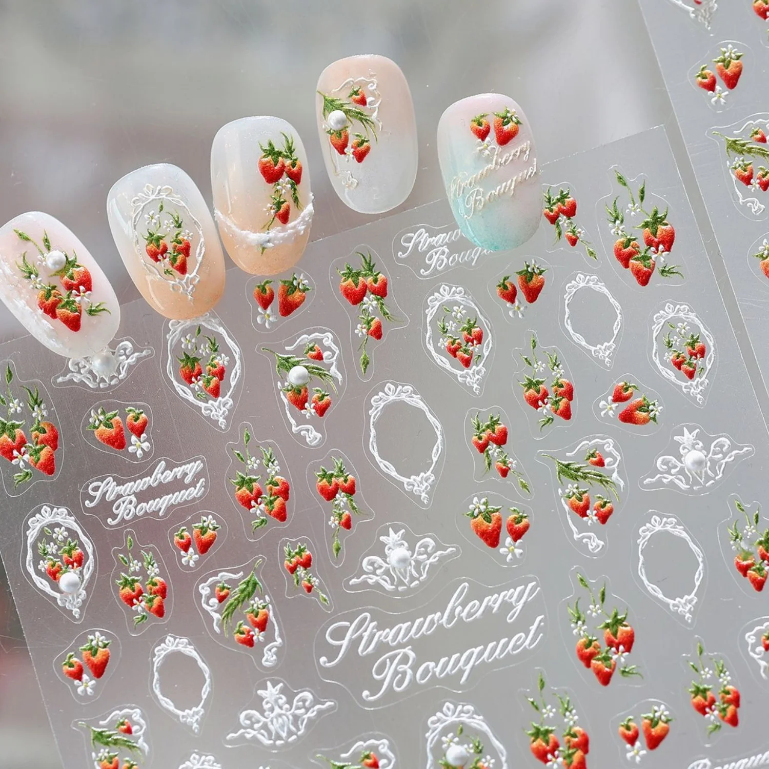 Pegatinas de Uñas 5D con Diseño de Fresas en Acuarela Retro, Encaje, Perlas, Letras Inglesas Escritas a Mano, Decoración Autoadhesiva para Manicura