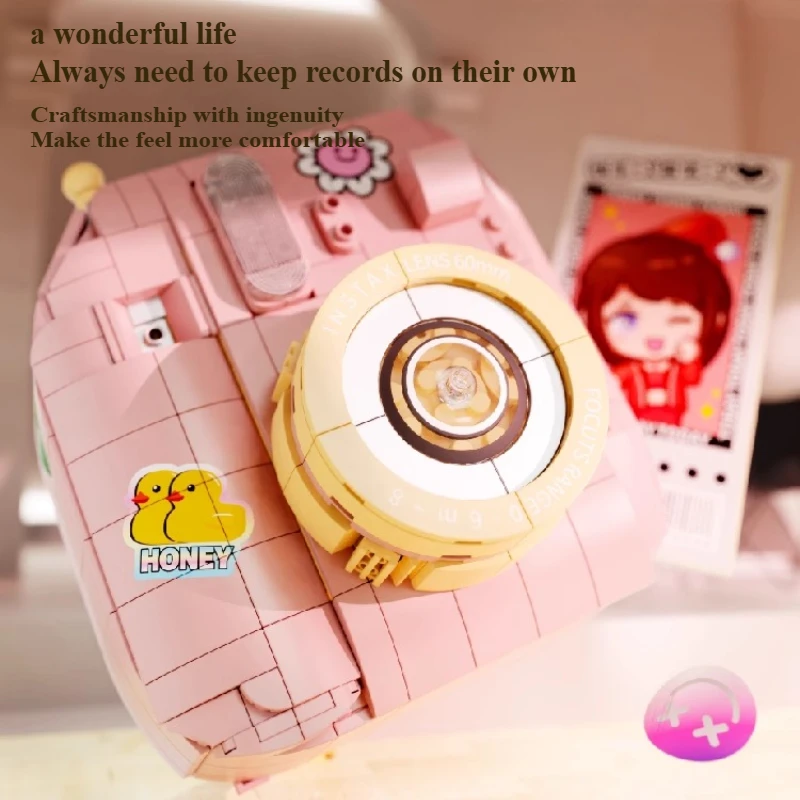 WONDER MOON Fotocamera rosa Assemblaggio di blocchi di piccole particelle Puzzle fai-da-te Modello giocattolo Decorazione del desktop Giocattoli regalo di compleanno per bambini