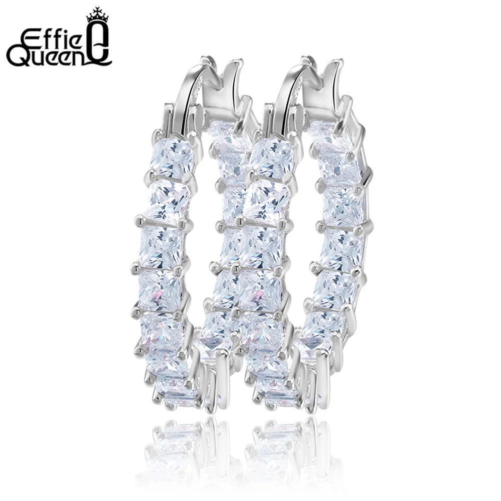 Effie Queen Big Round Hoop Female Earring Eternity Style Shiny Zircon Luxury Earrings for Women Prong Setting Design HOE144