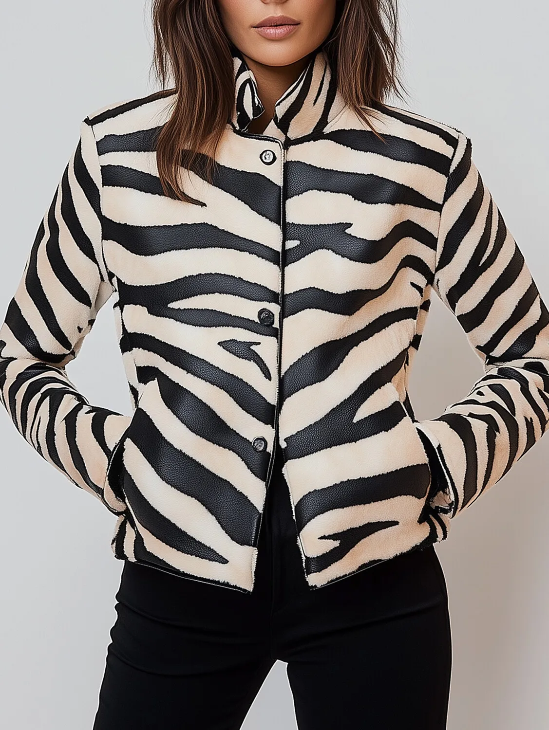 

PU Leather Zebra Stripes Stand Collar Button Pocket Jacket Coat Office Lady Autumn Fashion Elegant Outerwear for Women Top