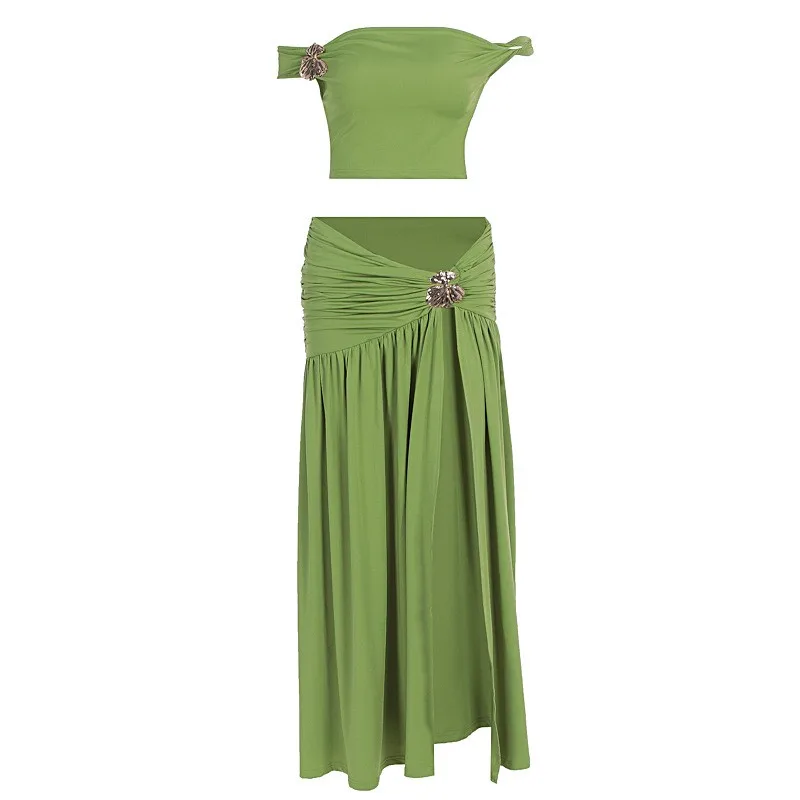 Women's Summer Sleeveless Off Shoulder Midi Dress with Ruffle Cut Out Crop Top Elegant Sexy Solid Color 2-Piece Matching Set