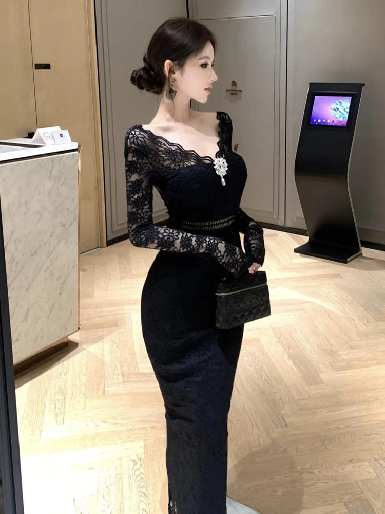 Moda abito di pizzo nero formale festa backless sottile maxi abito lungo donna sexy scollo a V manica lunga aderente abito da ballo abiti da donna