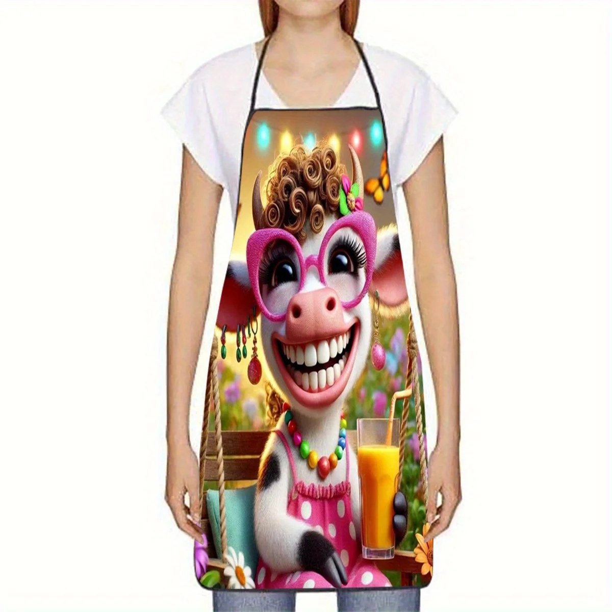 Cheerful Cow-Themed Sleeveless Apron - Vibrant Cartoon 2D Flat Print, Durable Kitchen Apron for Easter, New Year, Christmas
