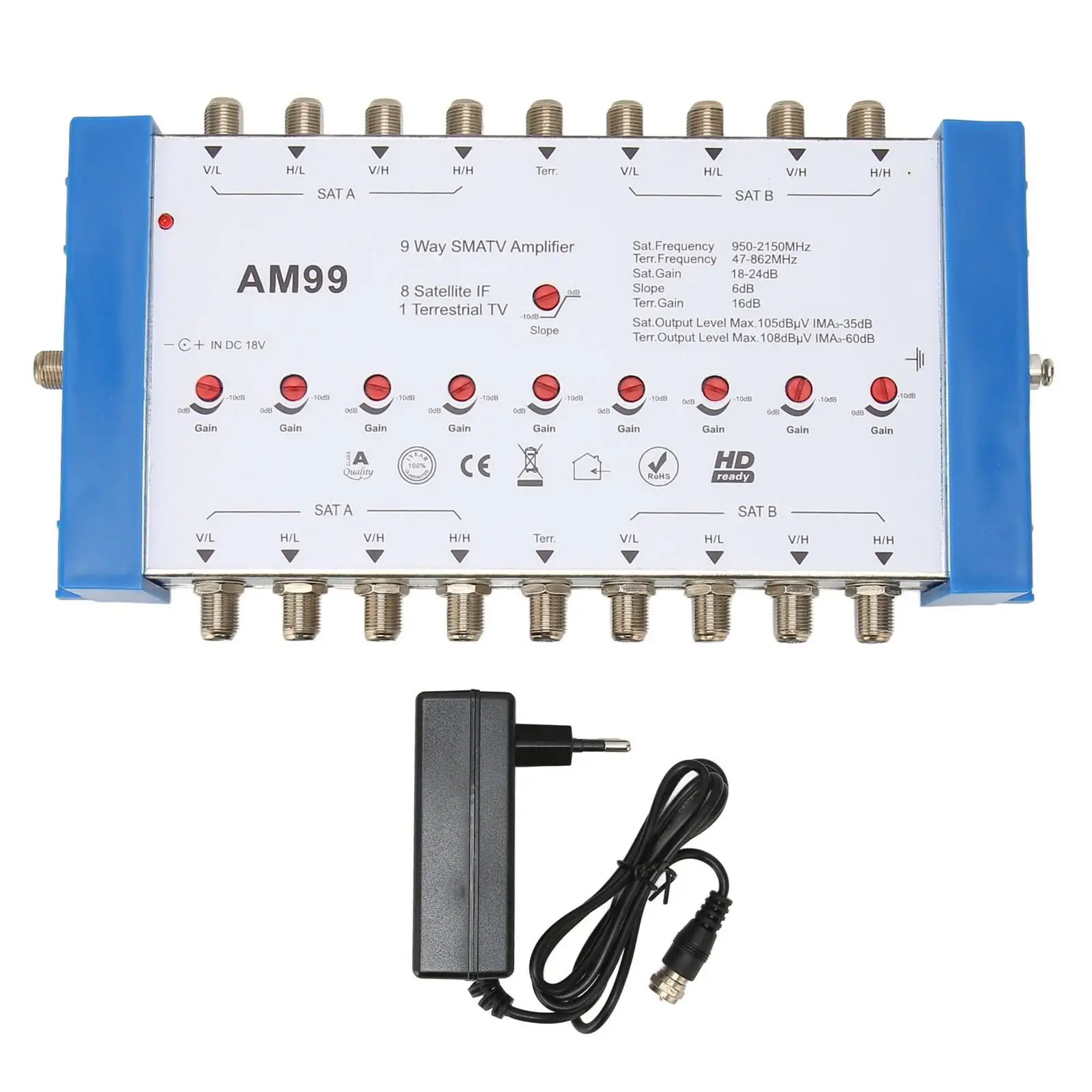 9-Way SMATV Amplifier Splitter - Professional for indoor Satellite TV Booster, Plug & Play, 100-240V