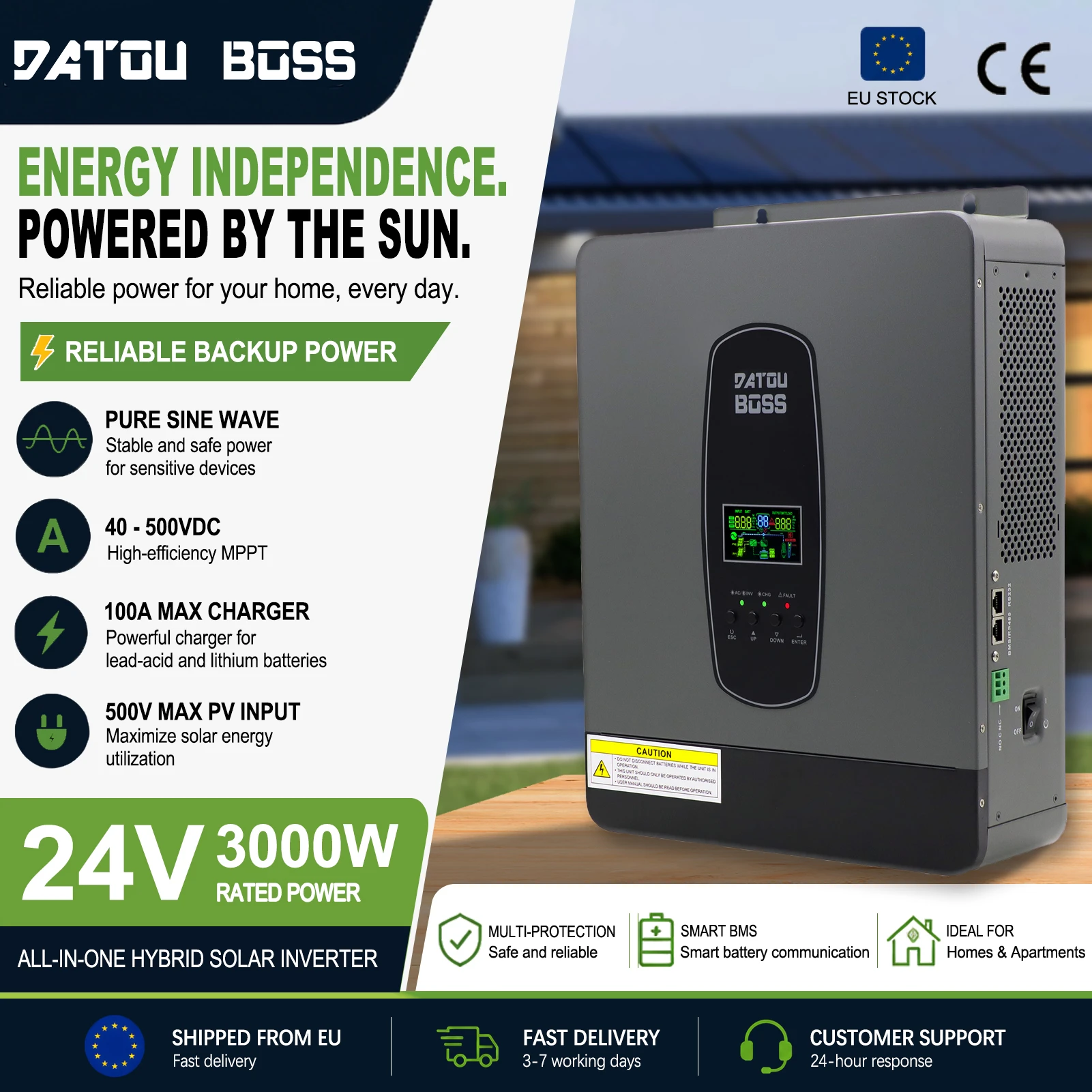 DATOUBOSS 3000W 24V zu 230V Reiner Sinus-Wechselrichter mit MPPT-Laderegler, netzunabhängiger Hybrid-Wechselrichter für Zuhause