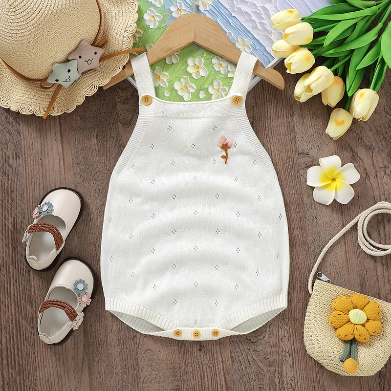 Białe bez rękawów dzianiny noworodek dziewczynek body odzież moda kwiatowy niemowlę znosić Onesie kombinezony kombinezon dziecięcy