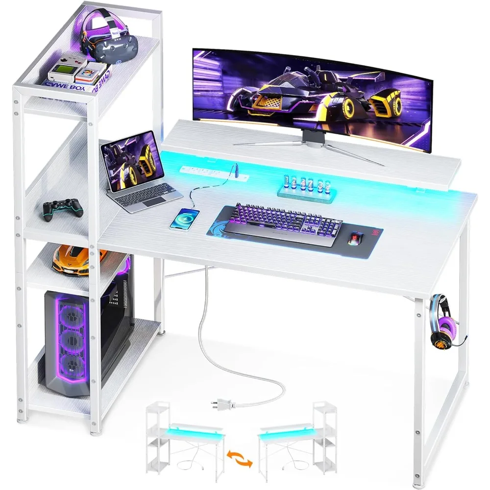 

Reversible Gaming Desk with USB Charging Port and LED Lights, 40 Inch Computer Desk with Storage Shelves & Monitor Stand, Writi