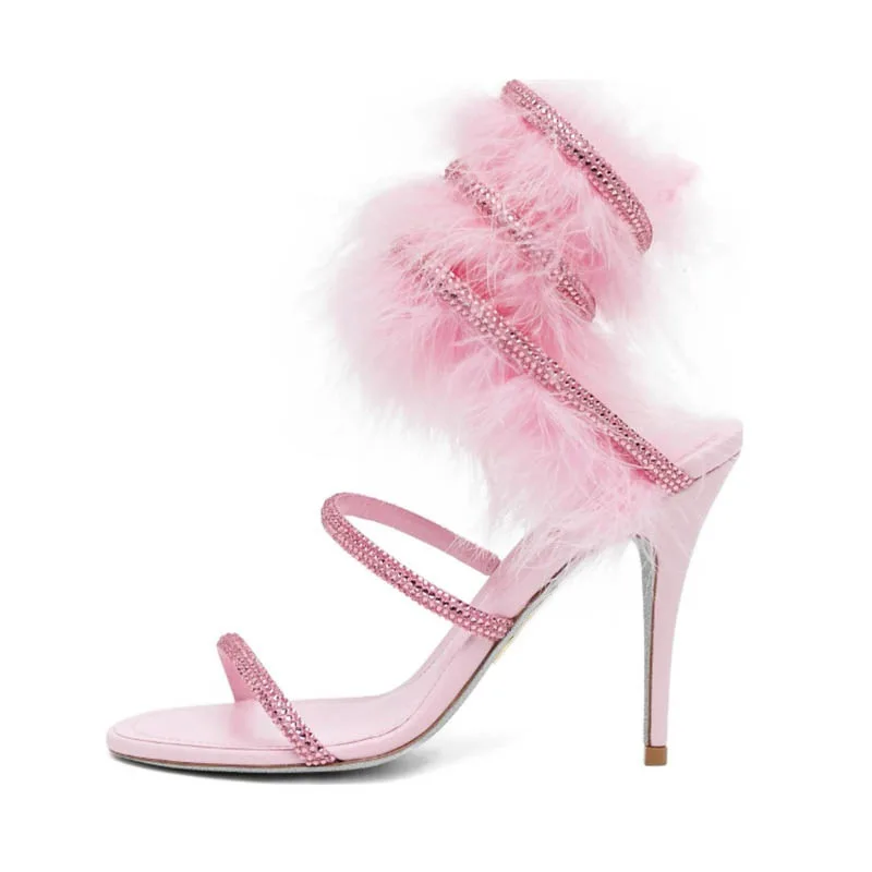 Pink fur ankle warp crystal high heels sandals black summer new in glitter snake luxury designer women's party wedding shoes view 3