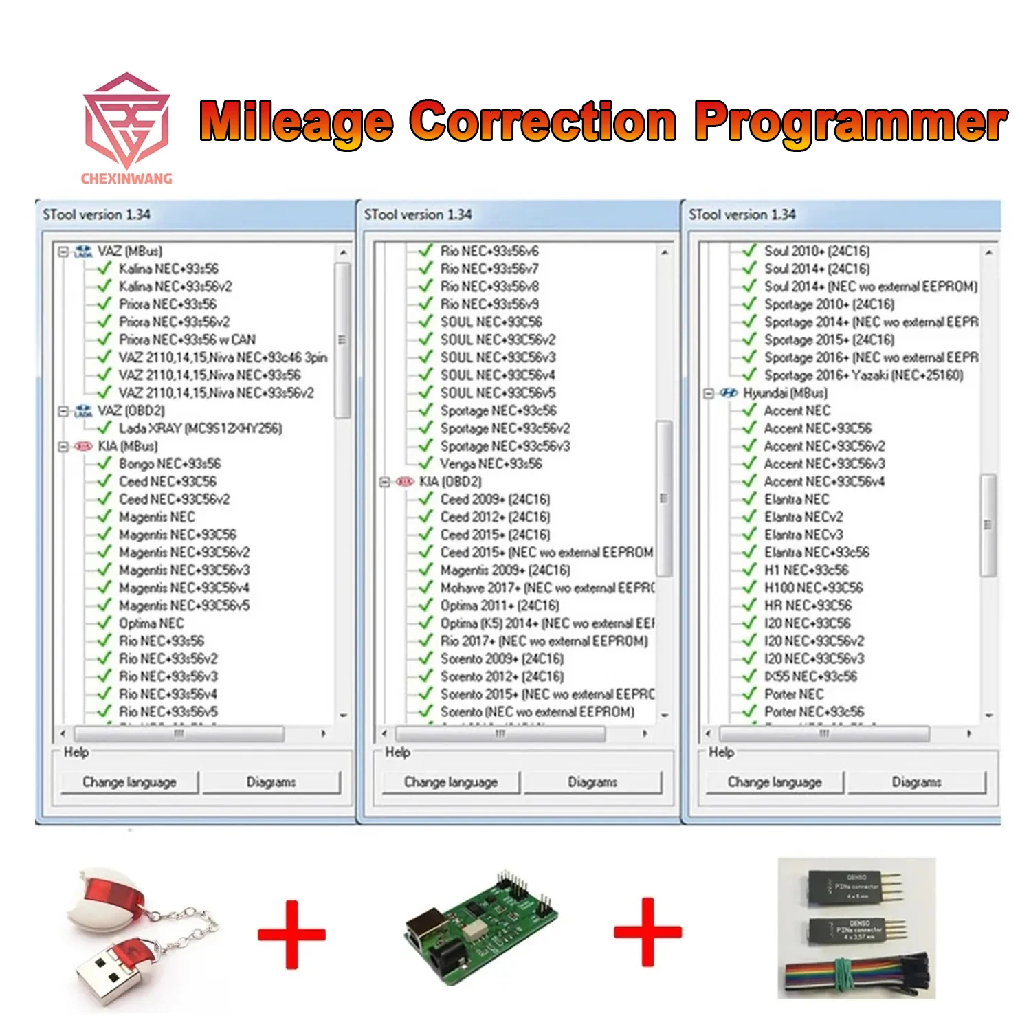 MTool V1.64 Mileage Correction Adjustment Programmer Software Dongle +Denso adapter+Denso Pin Wires Cable + ELS327 to 2022 Cars