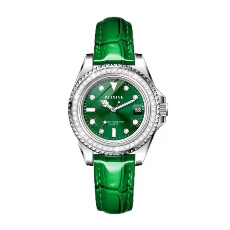 

RUIXINE Luxury Diamond Dial Quartz Watch for Women Fashion Elegant Ladies Watches Green Leather Women's Wristwatch forWomen Gift