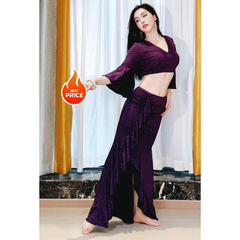 Customized Eastern Belly Dance Costumes Practice Clothes Silver Ice Silk Sprinkled Trumpet Sleeves Lace Wrapped Buttocks Skirt