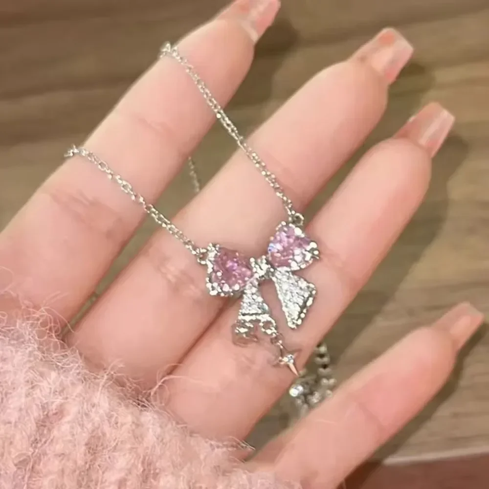 Korean Fashion Pink Crystal Heart Bow Tie Pendant Necklace Silver Color Chain Neck Necklace for Women Wedding Aesthetic Jewelry