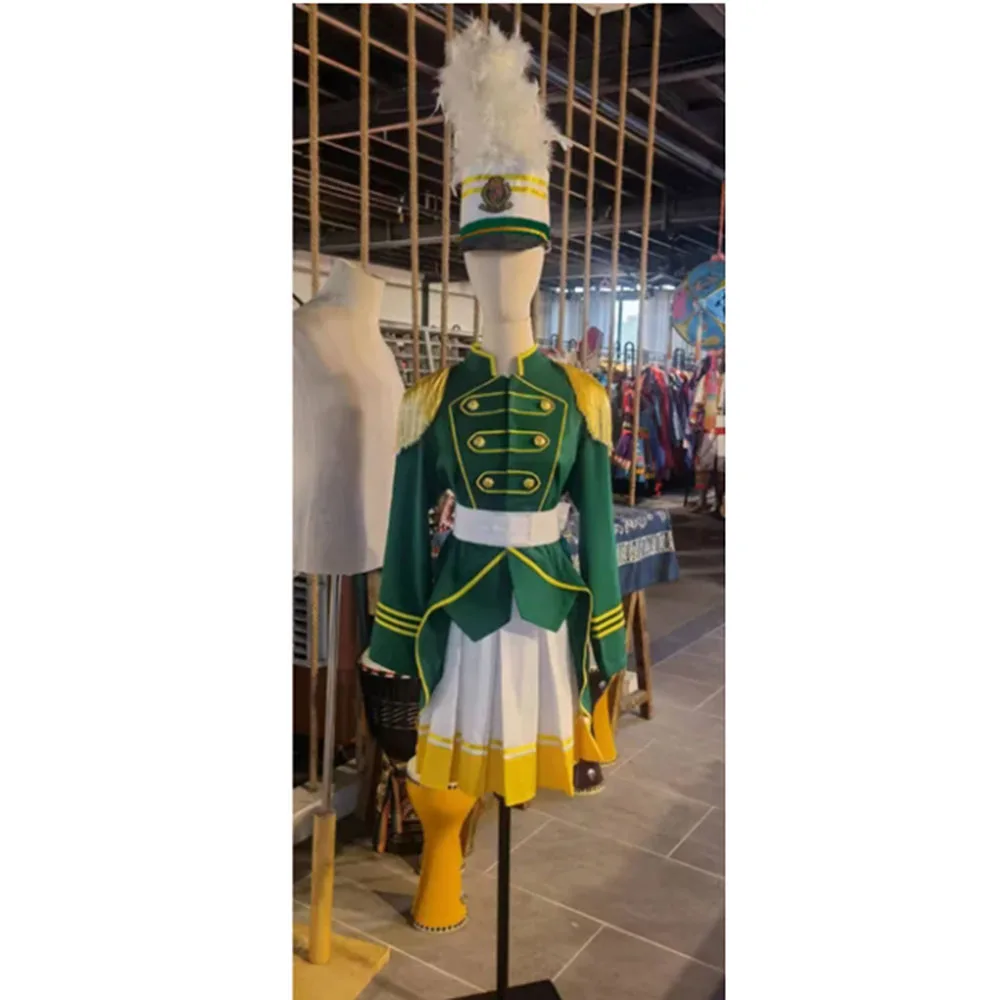 

Customized Woman Unique and Stylish Marching Band Uniform,Green Yellow Military Band Coat Skirt With Hat Shell Command Suit