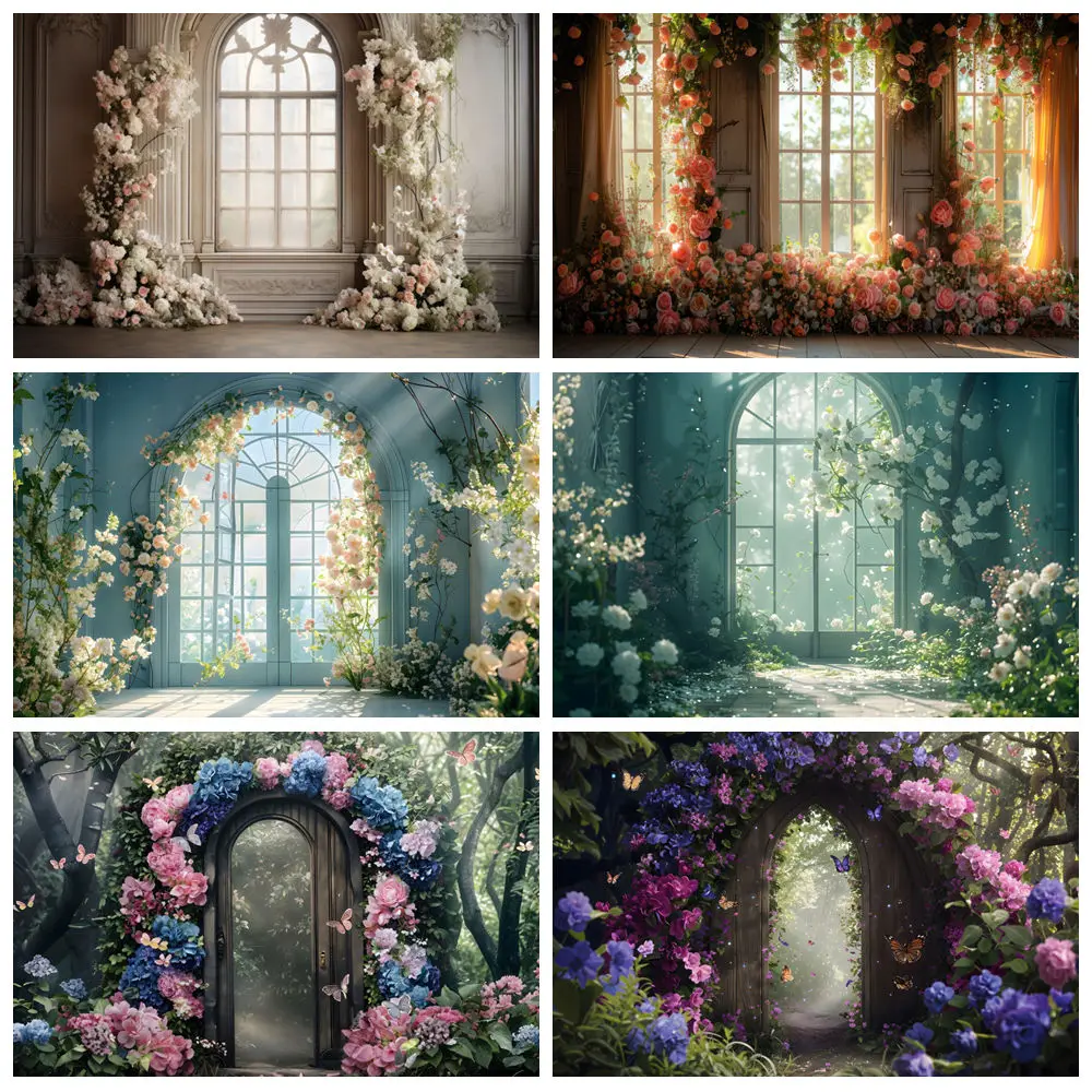 

Interior Flower Window Backdrop For Photography Floral Arch Door Wedding Baby Shower Portrait Decor Background Photo Studio Prop