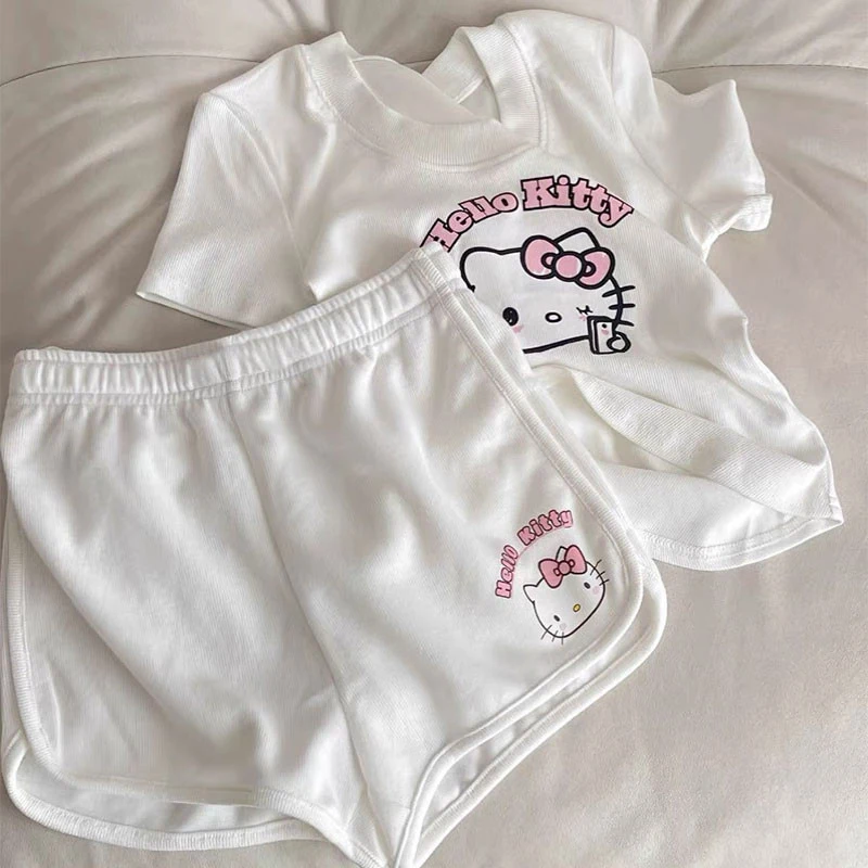 Sanrio Hello Kittyladies\' pajama set printed cotton T-shirt + shorts family clothing two-piece set