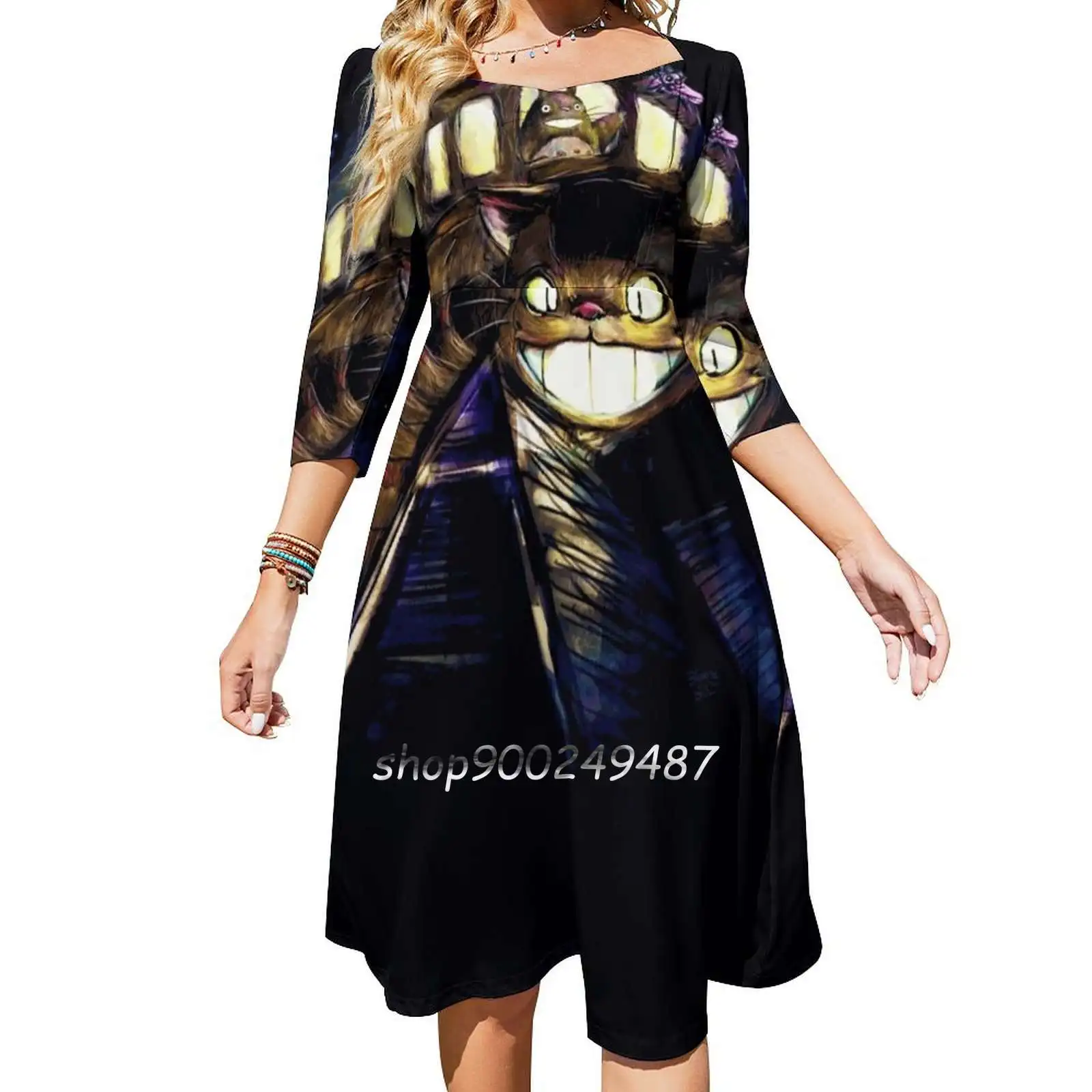 Wind God Is In Your Town Square Neck Dress New Plus Size Elegant Women Waist Tight Dress Cat Creature Childrens Night Cartoon