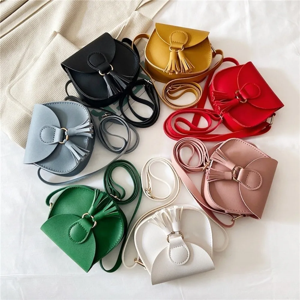 Korean Style Hook Design Mini Kids Bag Tassels PU Leather Princess Purse Solid Color Crossbody Bag Children Girls