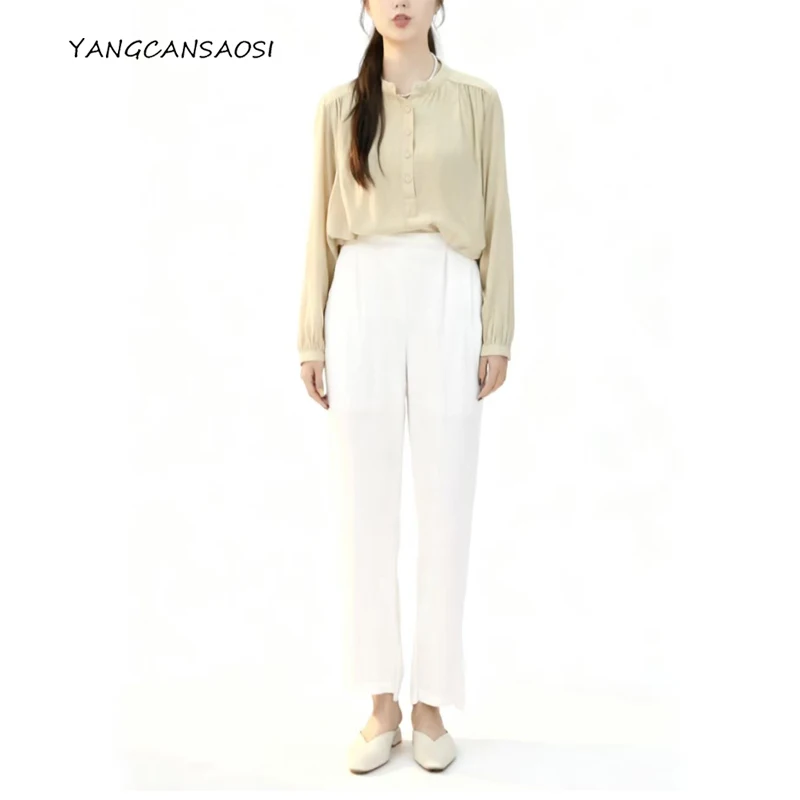 

Women's Fashion Clothing Heavy 93% Natural Mulberry Silk Elastic Heavy Crepe Solid Color Versatile Casual Straight Leg Pants