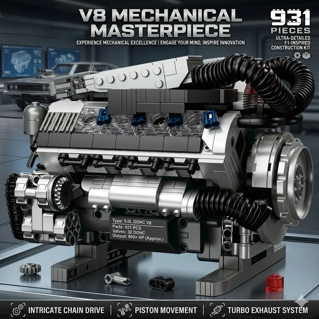 

Конструктор V8-двигателя (931 деталь) MOC Technic: Механический автомобильный мотор из кирпичиков с рабочими поршнями, научная STEM-модель для взрослых