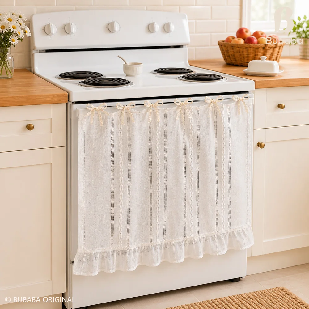 Oven Dust Cover Lotus Leaf Edge Butterfly Tie Strap Washable French Vertical Jacquard Kitchen Cabinet Decoration Dust Cloth