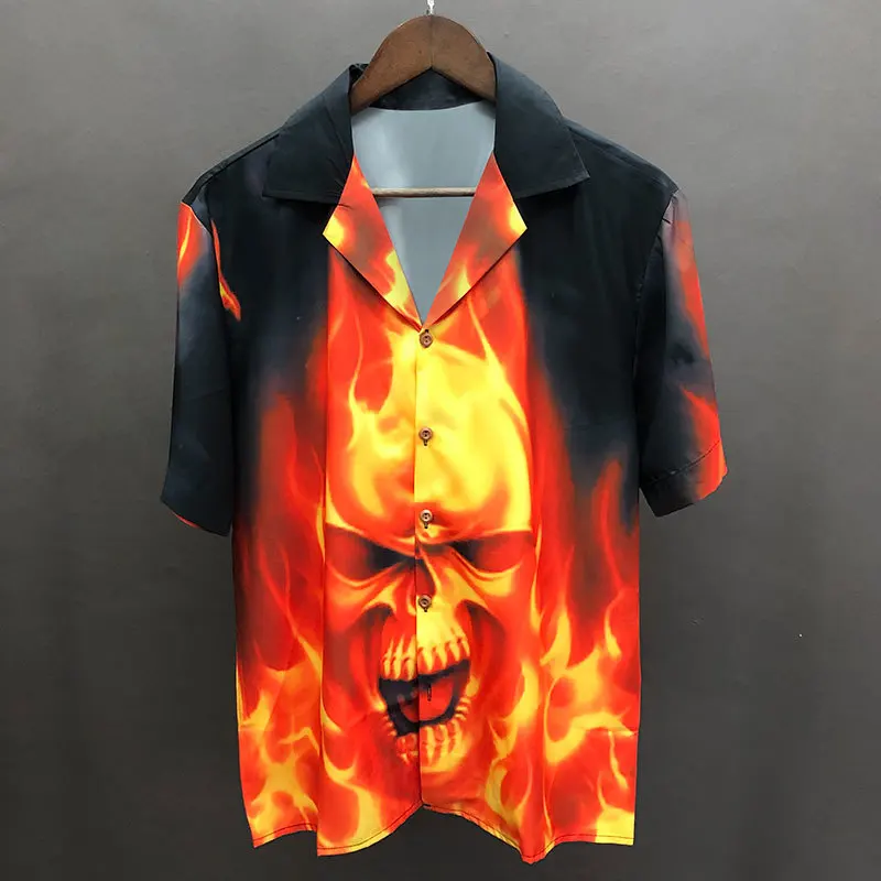 Summer Short Sleeve Color Contrast Flame Pattern Short Sleeve Shirt Camisa Hombre Loose Lapel Shirt Camisa Social Masculina Club