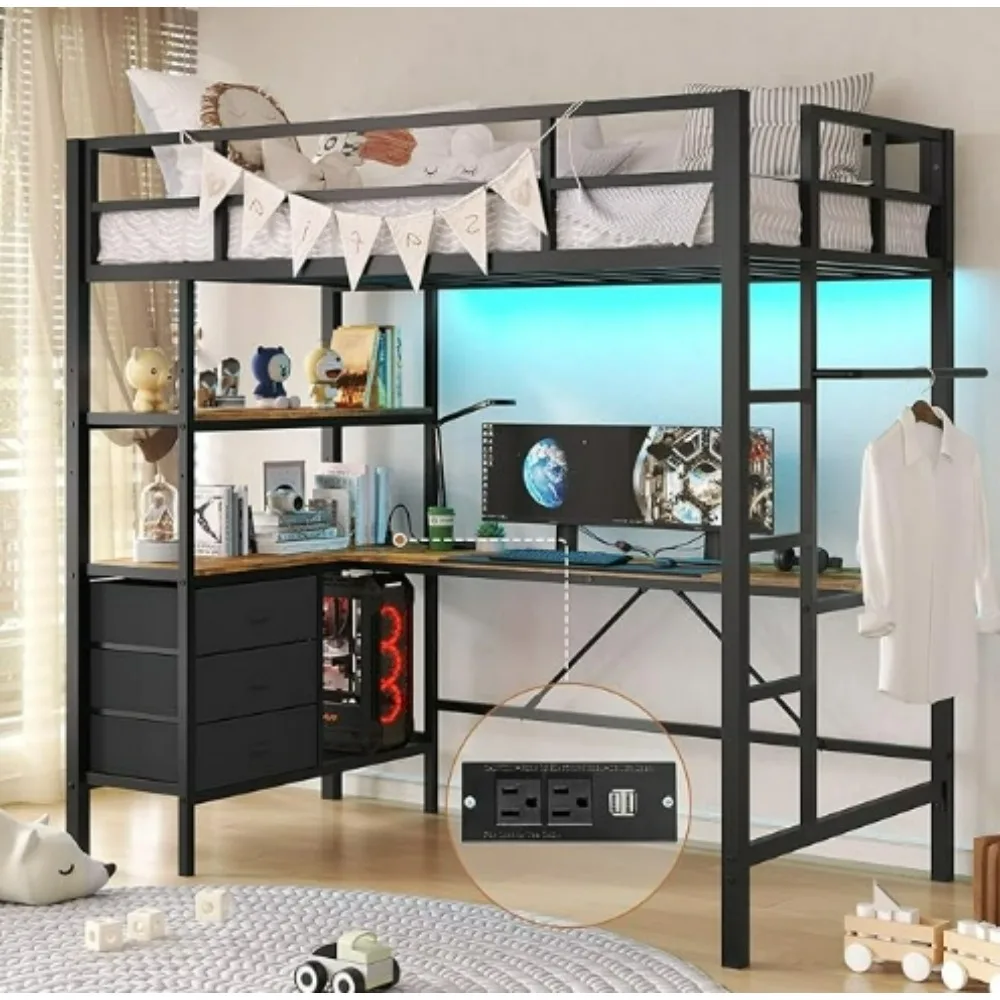 Twin Metal Loft Bed with L-Shaped Desk, LED Lights,Charging Station LED Loft Bed Frame Twin Size with 3 Storage Shelves