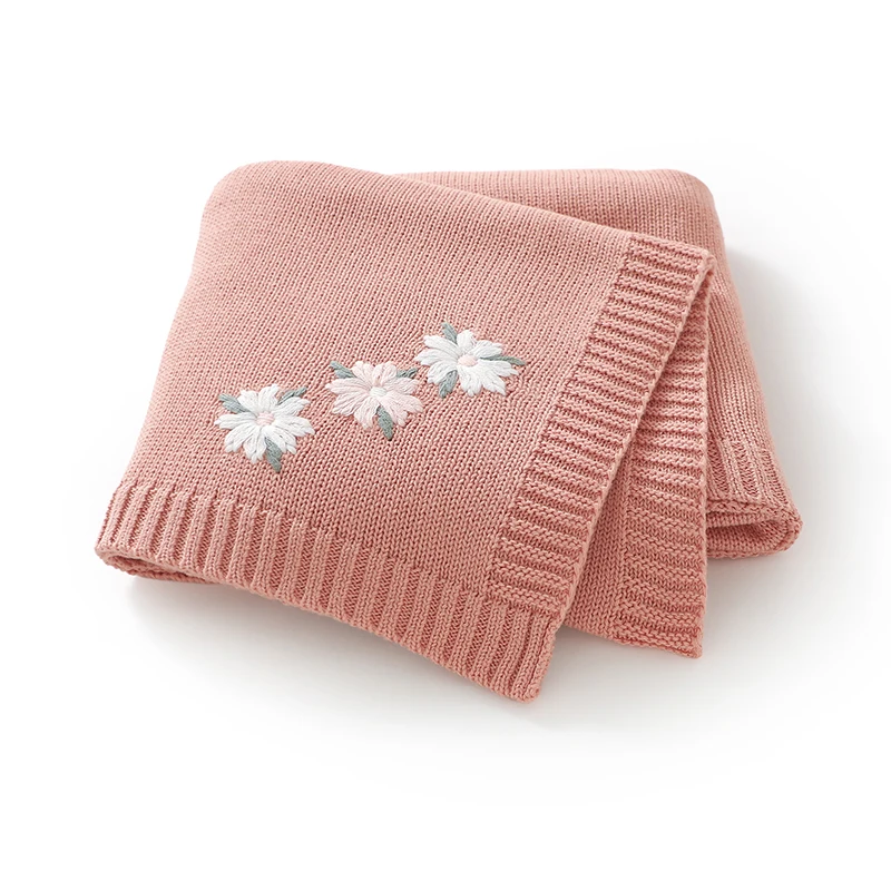 90*70cm Babydecken aus Baumwolle, doppelt verwendbar, für Neugeborene, Jungen und Mädchen, mit Blumenstickerei, Kinderwagen-Wickeldecke, kariert, gestrickt, für Kinder, als Empfangsmatte