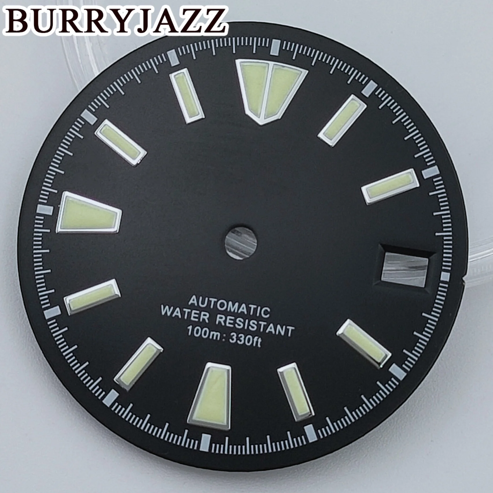 قرص ساعة Burryjazz مضيء ، بدون شعار ، قرص أسود ، ساعة 3: 00 ، علبة ساعة التاج ، NH35 ، 29