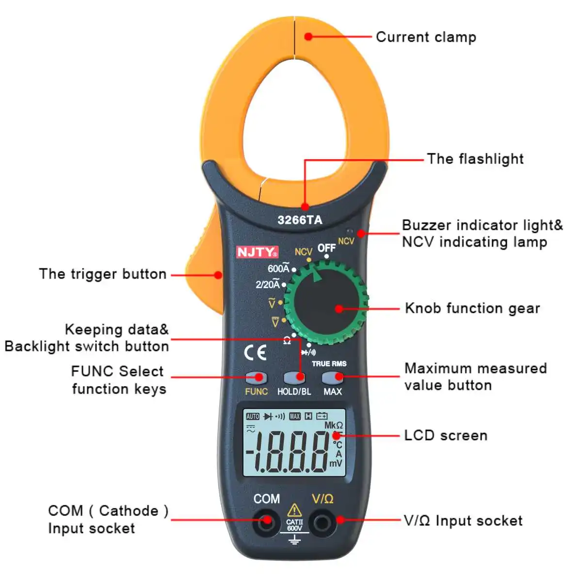 Digital Clamp Meter Tester, Clamp Multimeter Voltage Tester Auto-Ranging, Measures Current Voltage Resistance Diodes Continuity