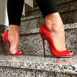 Red Peep Toe Slip on Pumps Patent leather Sexy Stilettos High Heels High Heel Shoes for Women Heels 2024 New Zapatos Para Mujere