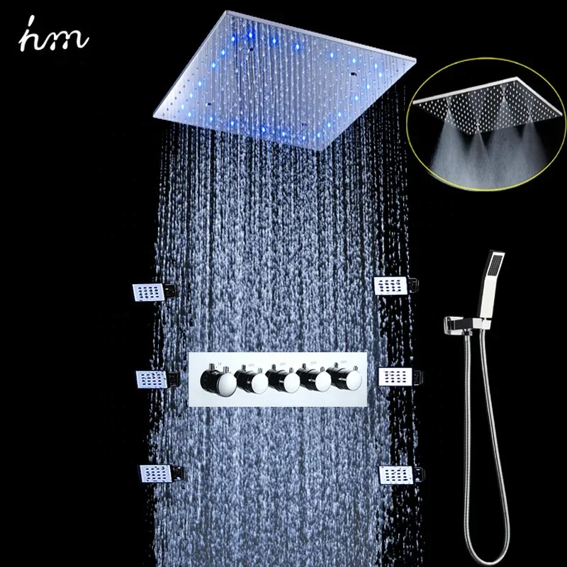 Bathroom LED Rain Shower Faucet Set Rainfall SPA Mist Square Shower Head Set Thermostatic Diverter Valve With Massage Body Jets