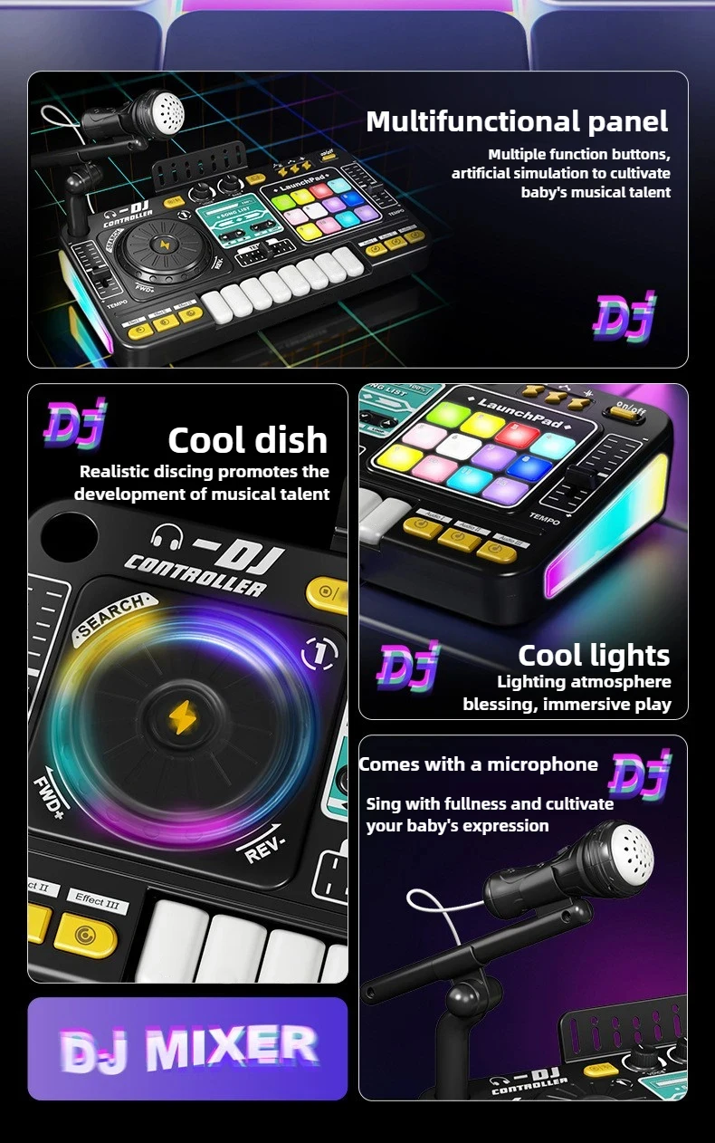 Criança dj mixer com microfone teclado de piano eletrônico bluetooth dj turntable controlador instrumento musical presentes aniversário do miúdo