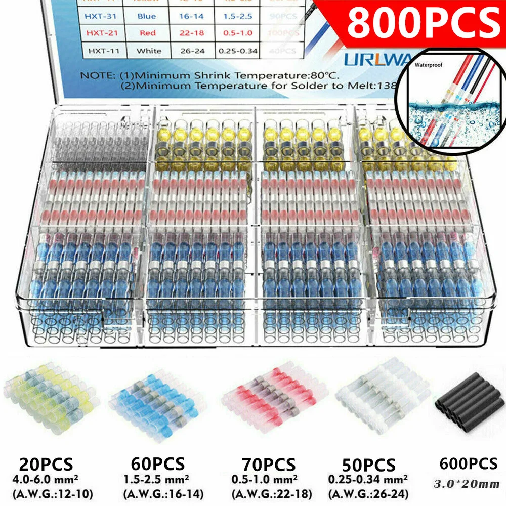 

800PCS Waterproof Heat Shrink Butt Terminals Solder Seal Sleeve Wire Connectors