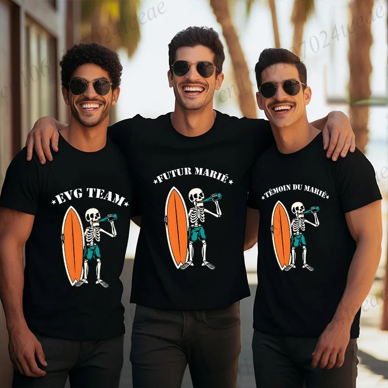 أزياء الزفاف Evg فريق المستقبل العريس فرقة قميص الهيكل العظمي الجرافيك تيز للرجل الفرنسي واحد وداع البكالوريوس حزب تي شيرت