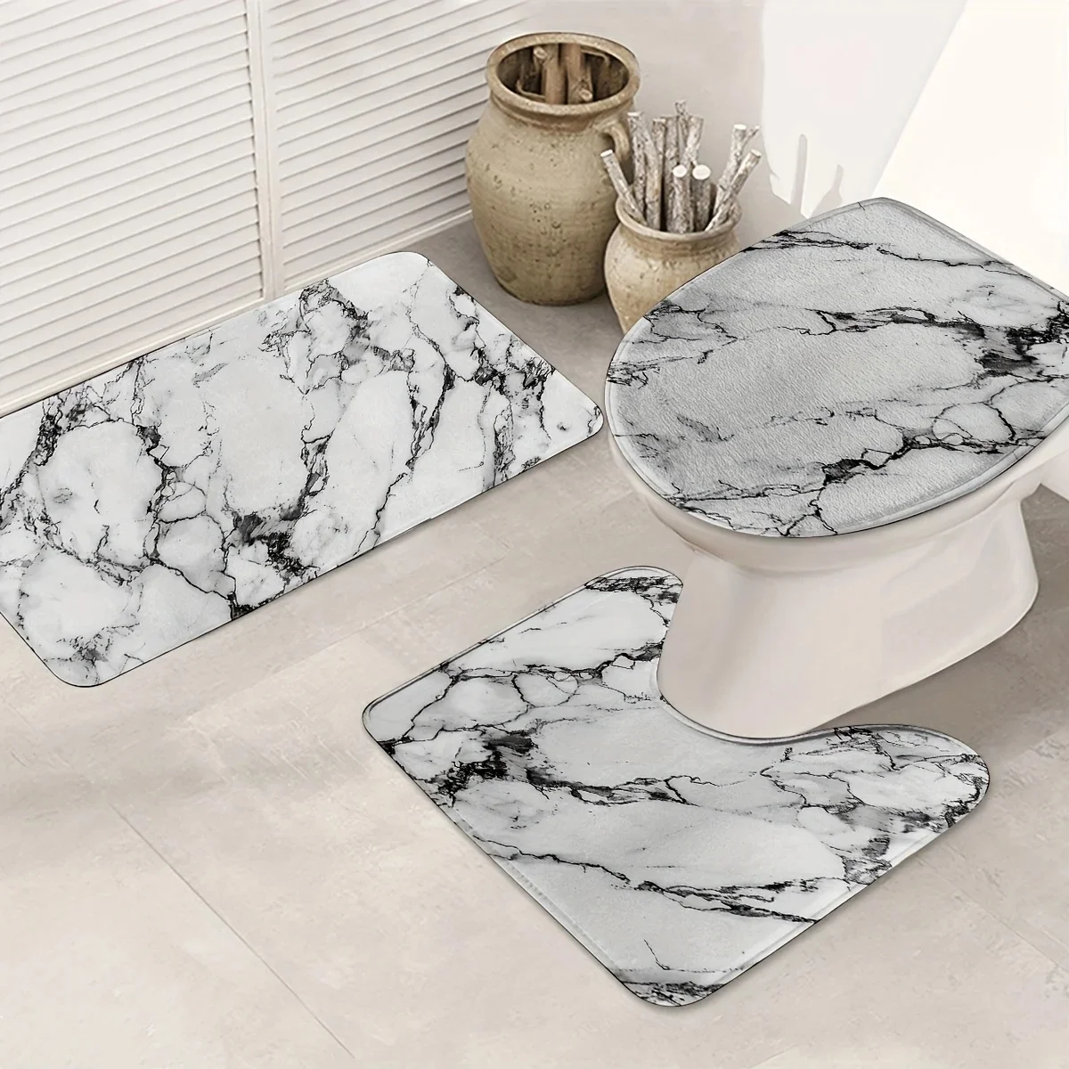 

3PCS Black White Marble Bath Mat Set - Soft Flannel, Non-Slip U-Shaped Toilet Footrest, Polyester, Modern Bathroom Kitchen Decor