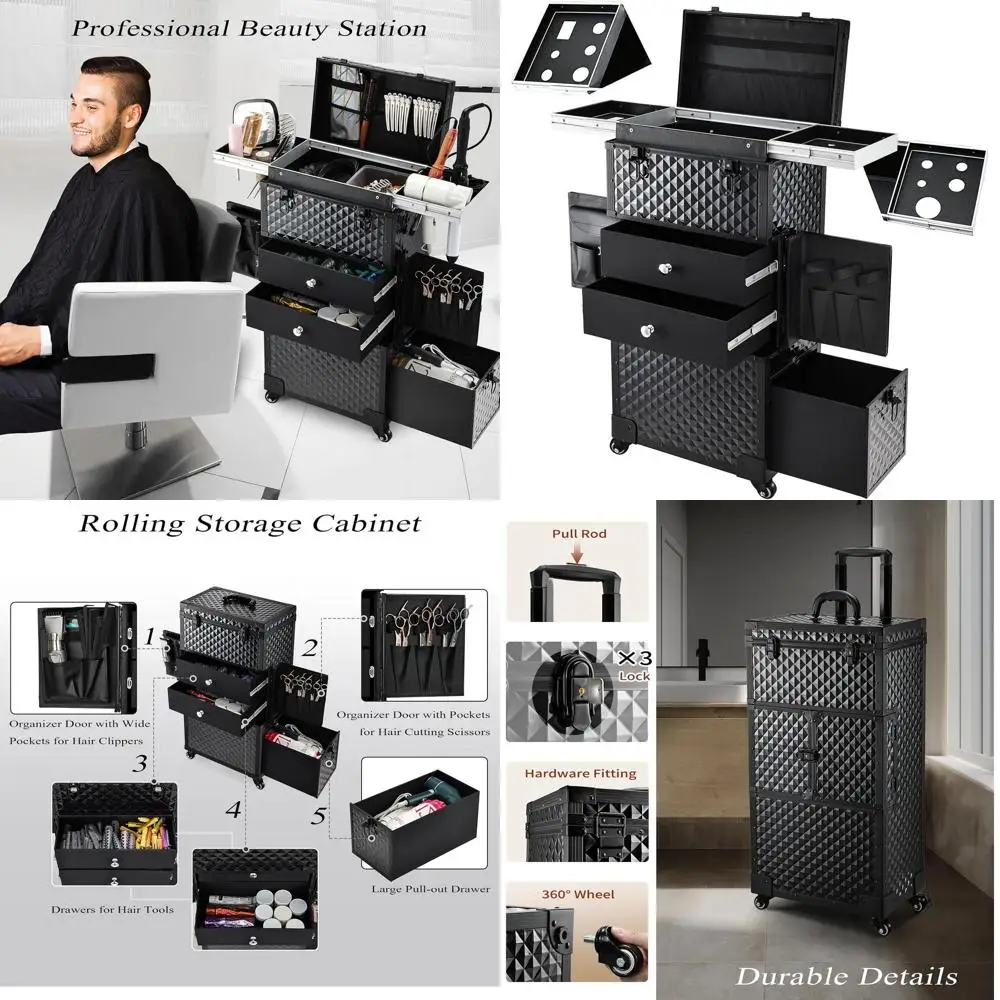 

Portable Rolling Makeup Case with Lockable Feature for Professionals, Including Hairdryer Holder - Black