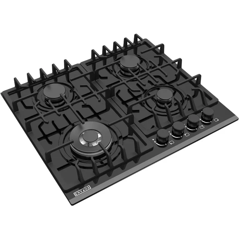 Empava 24 in.Gas Stove Cooktop with 4 Sealed Burners-Heavy Duty Continuous Grates-NG/LPG Convertible-Black Tempered GlassSurface