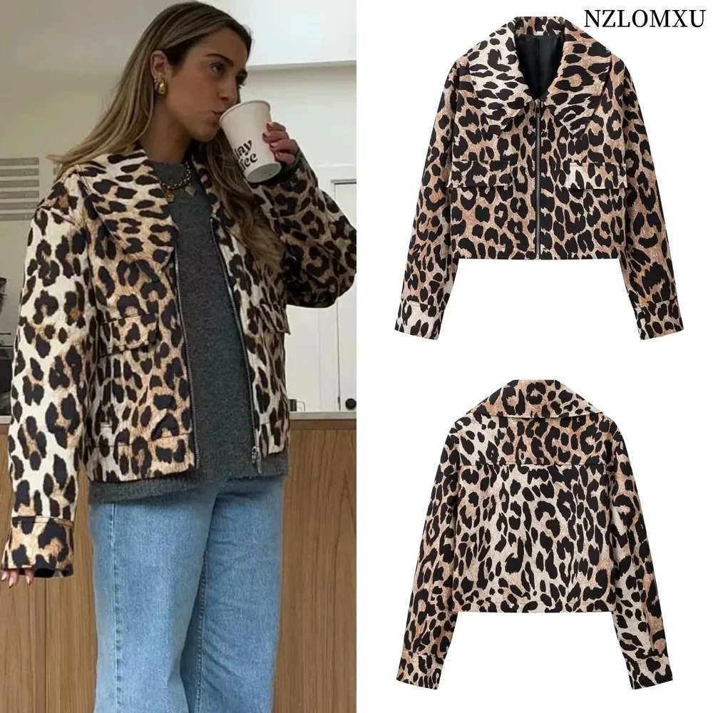 2024 Leopard Print Cropped Jacket Women Zipper Long Sleeve New In Jackets Streetwear Spring Women\'s Moto Biker Jacket