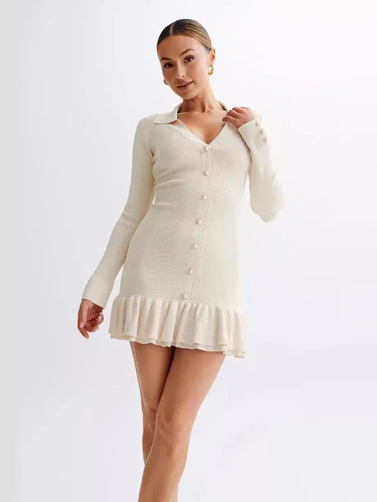 TRAUXY-Mini vestido de malha com babados feminino, arcos traseiros ocos, com renda, manga comprida elegante, fivela pérola, cintura alta de emenda, mulheres