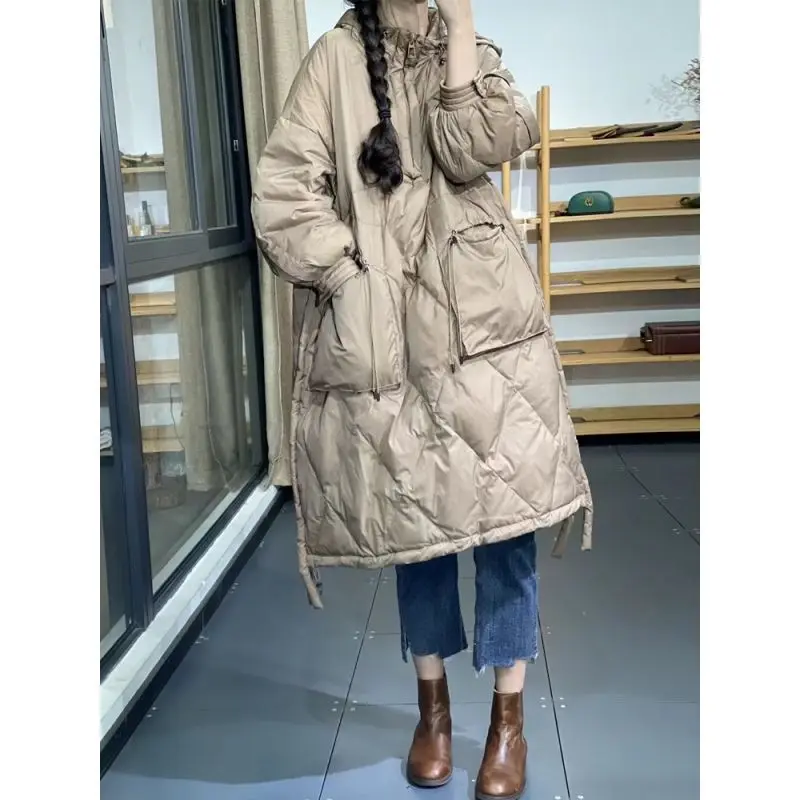 

Winter European Large Pocket Loose Mid length Cotton Dress Hooded Coat Women Outdoor Trekking Camp Jacket Walking Pullover Robe