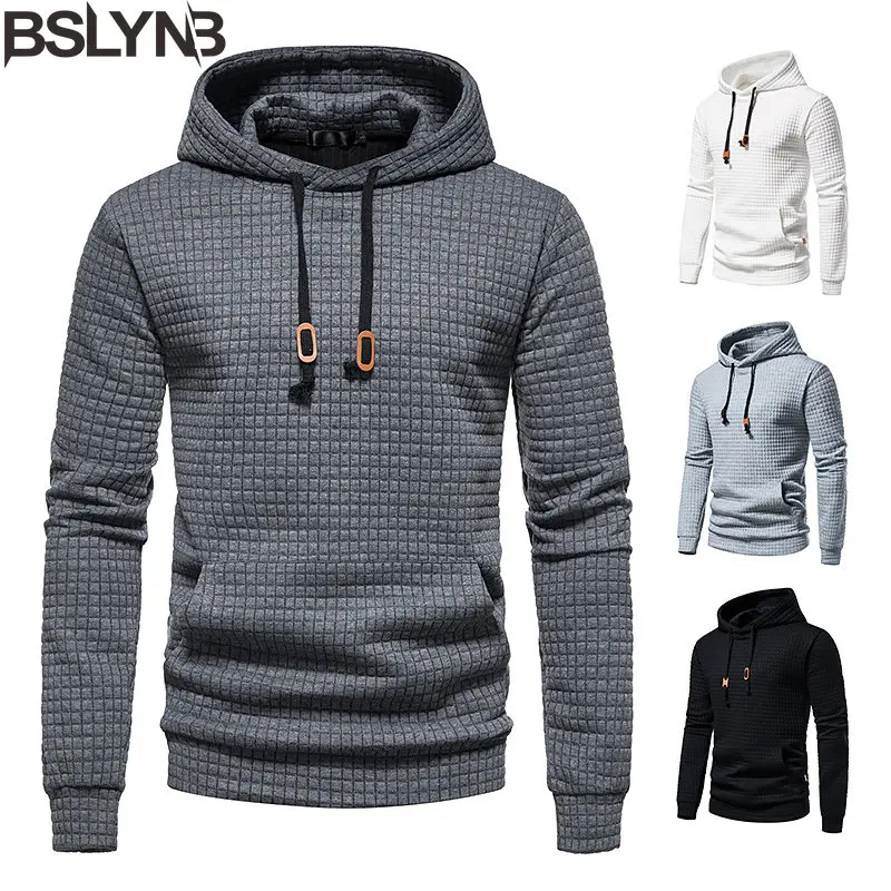 New Spring Autumn Men\'s Hoodie Hollow Plaid Quilted Cotton Hoodies Fabric Pullover Hooded Hoody Sweatshirt Hoodies