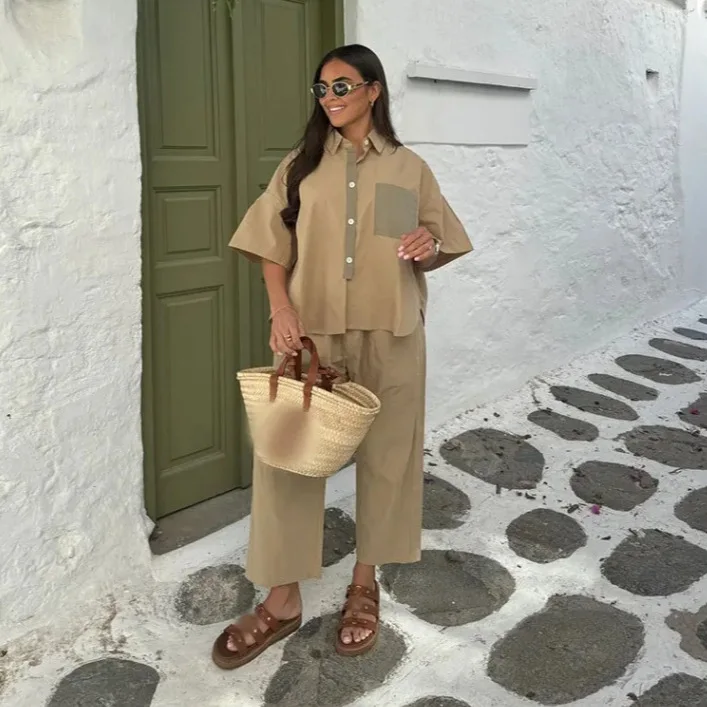 

Women Casual Straight Wide-leg Trousers Suit Loose Lapel Half-sleeved Single-breasted Contrasting Pocket Shirt Women Office Suit